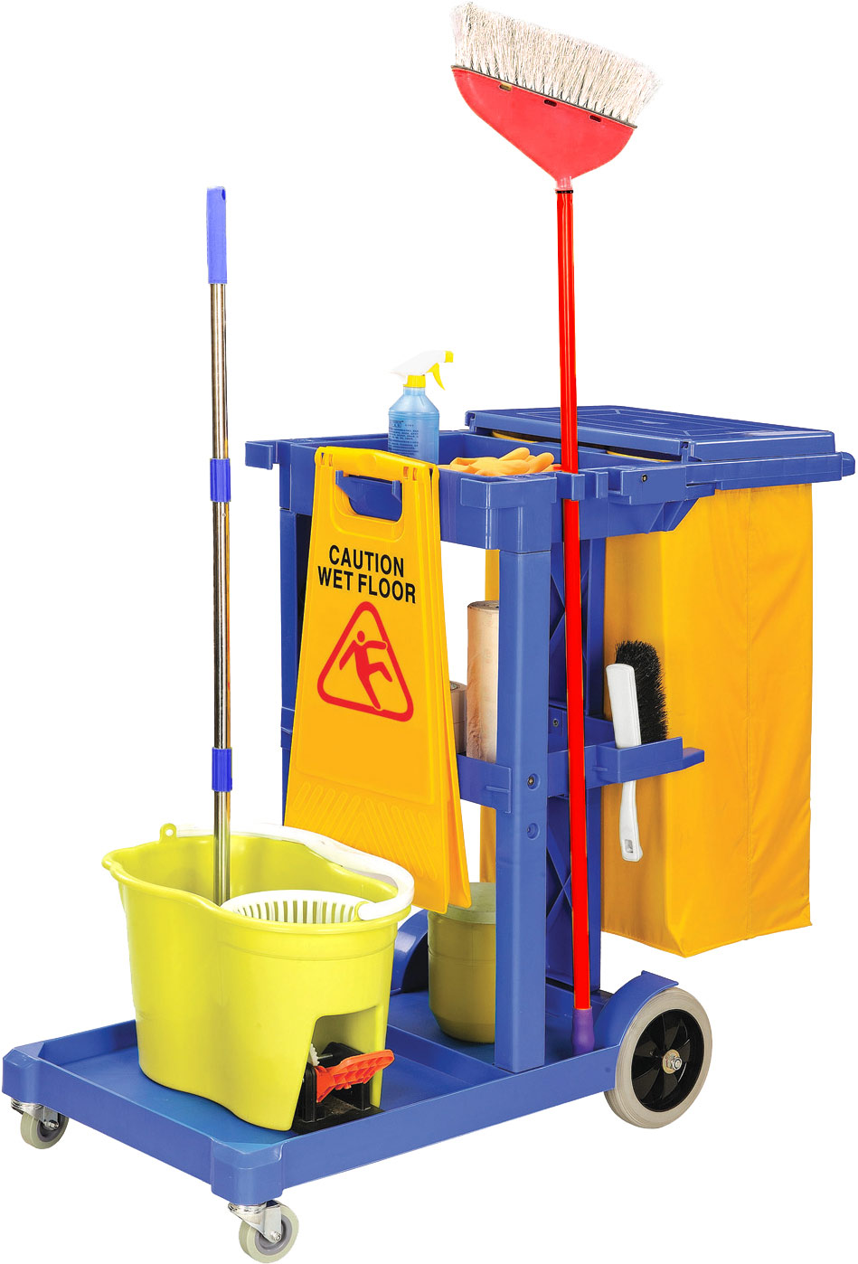 Janitor Cart, Blue High Density Plastic, with 25 Gal Bag