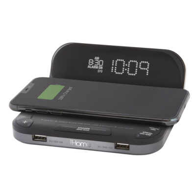 iHome HW2 Preset Bedside Clock with Single Day Alarm, Fast Qi Wireless Charging and Dual USB Quick Charging for hotels and motels