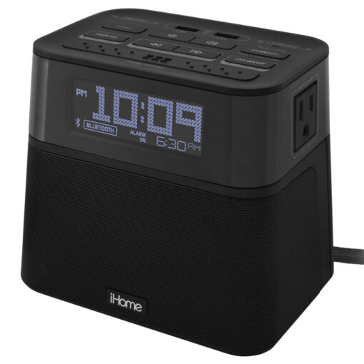 iHome HBH88B Bluetooth Bedside Single Day Alarm Clock with Dual AC Outlets and Dual USB Charging for hotels and motels