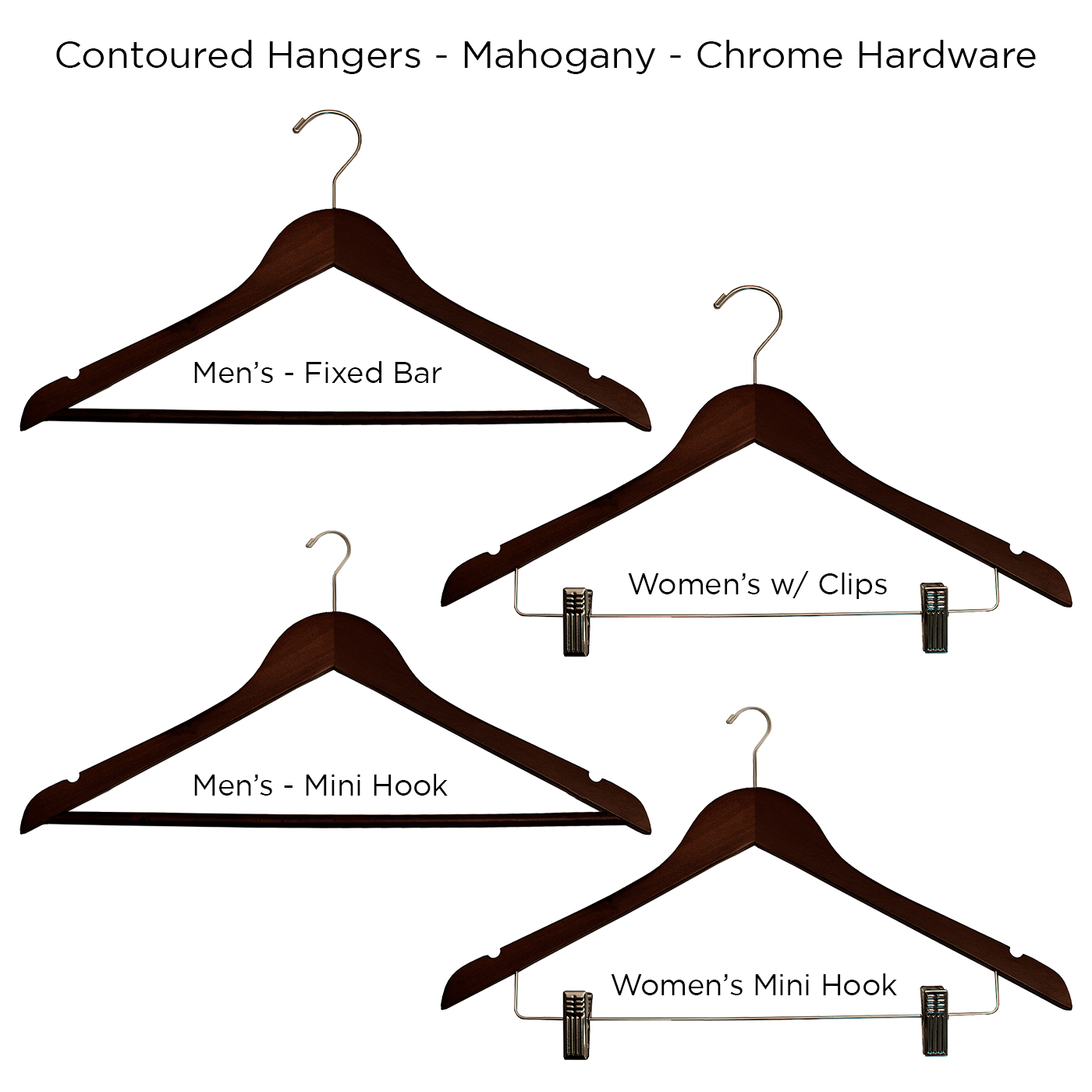 Contoured Hangers - Multiple Styles - Mahogany/Chrome - Case of 100 